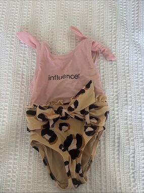 Pink & Beige Leopard-Print Kids One-Piece Swimsuit with Bow